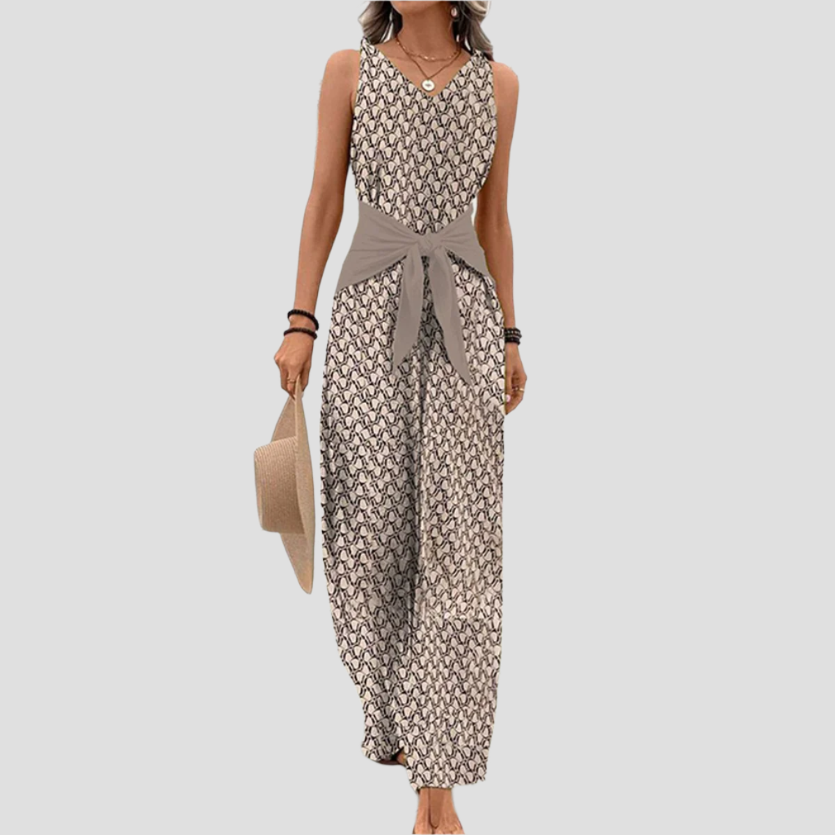 Ärmelloser V-Ausschnitt Jumpsuit für Damen – Leichter Sommeranzug mit verstellbarer Taille 1