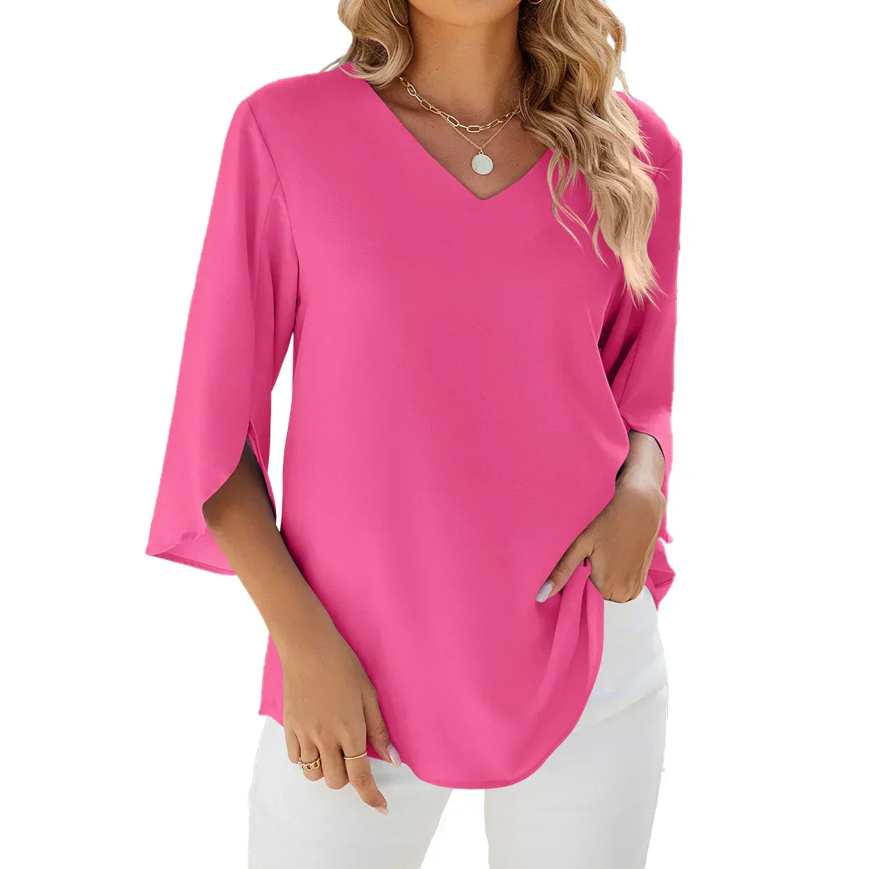 Elegante V-Ausschnitt Bluse mit 3/4-Ärmeln – Ideal für festliche Anlässe 2
