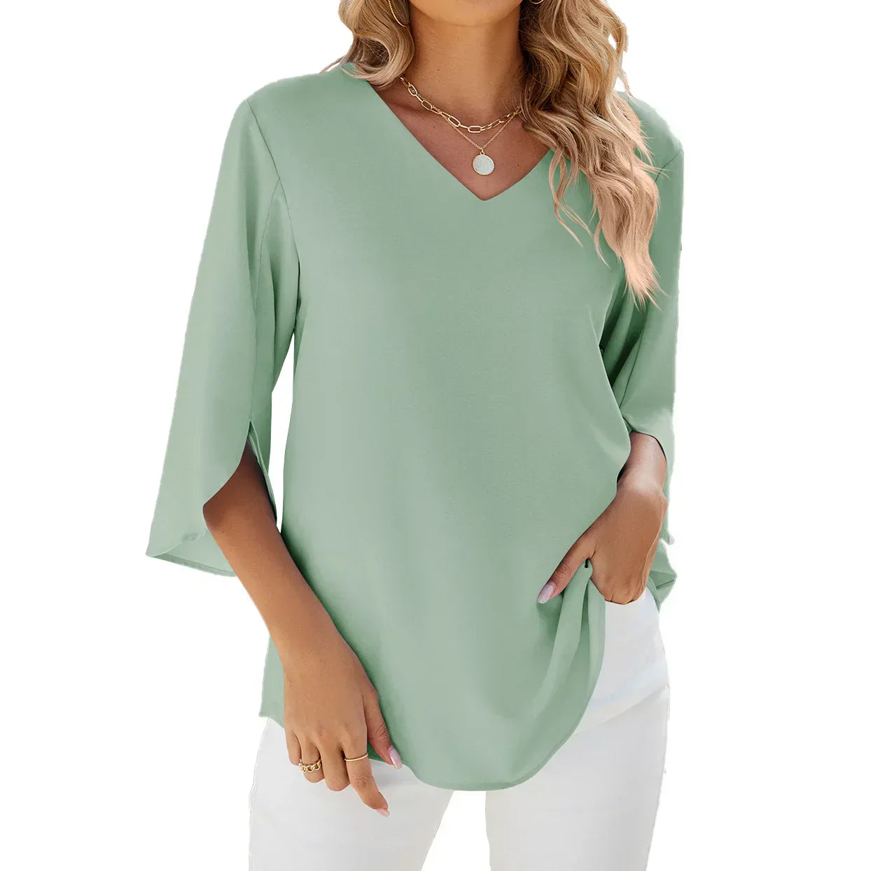 Elegante V-Ausschnitt Bluse mit 3/4-Ärmeln – Ideal für festliche Anlässe 3