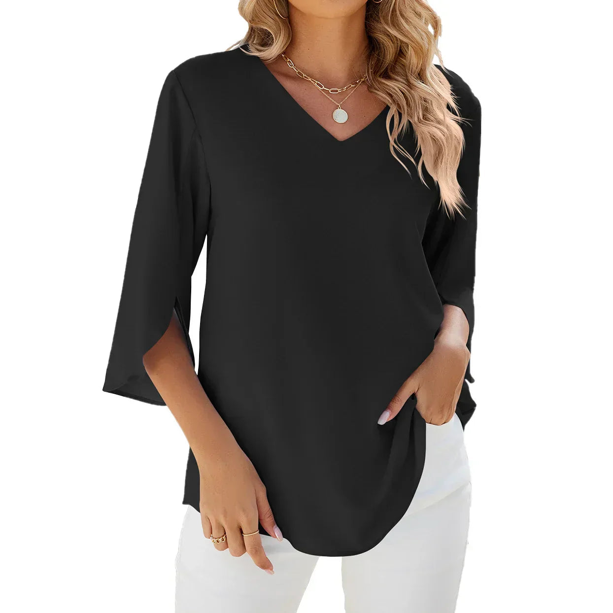 Elegante V-Ausschnitt Bluse mit 3/4-Ärmeln – Ideal für festliche Anlässe 4
