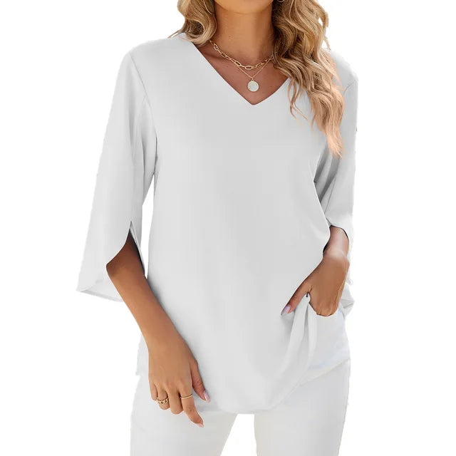 Elegante V-Ausschnitt Bluse mit 3/4-Ärmeln – Ideal für festliche Anlässe 5