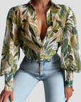 Elegante Damenbluse mit Blattdruck für jeden Anlass 0