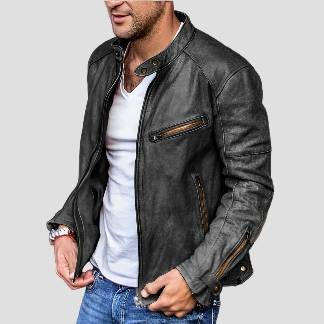 Elegante Herren Lederjacke mit Stehkragen 0