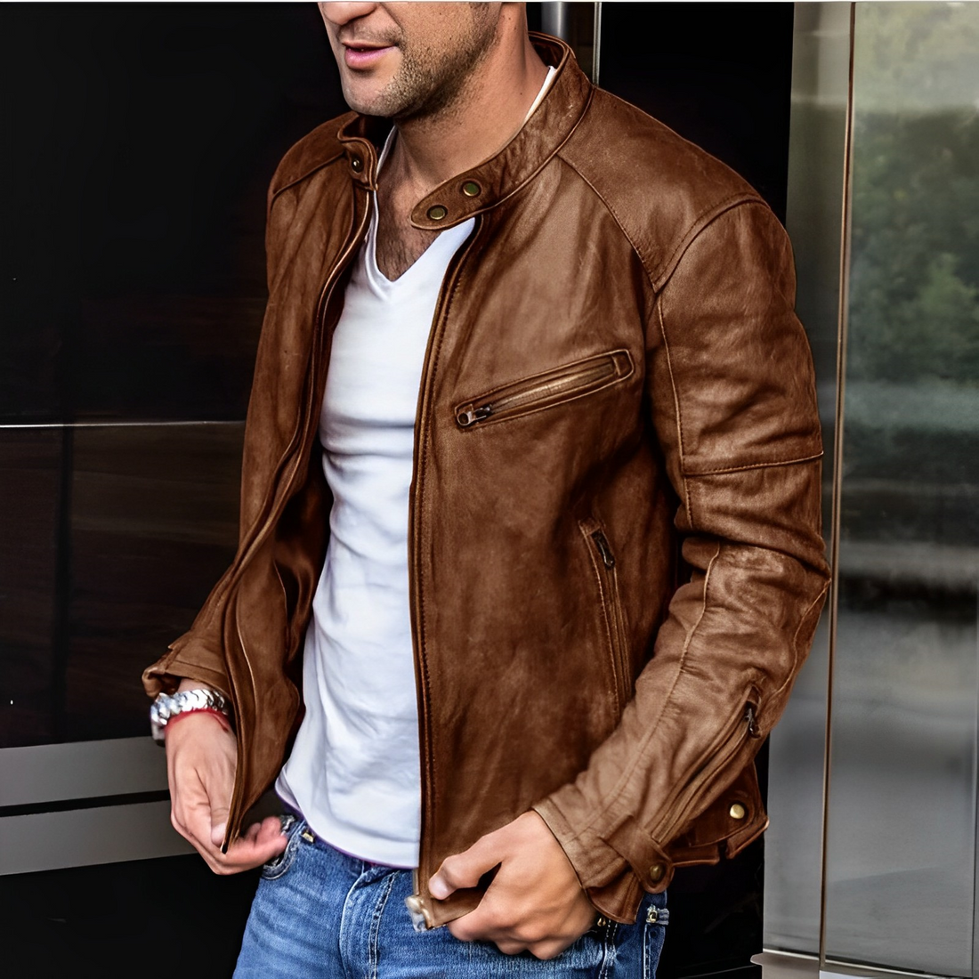 Elegante Herren Lederjacke mit Stehkragen 1