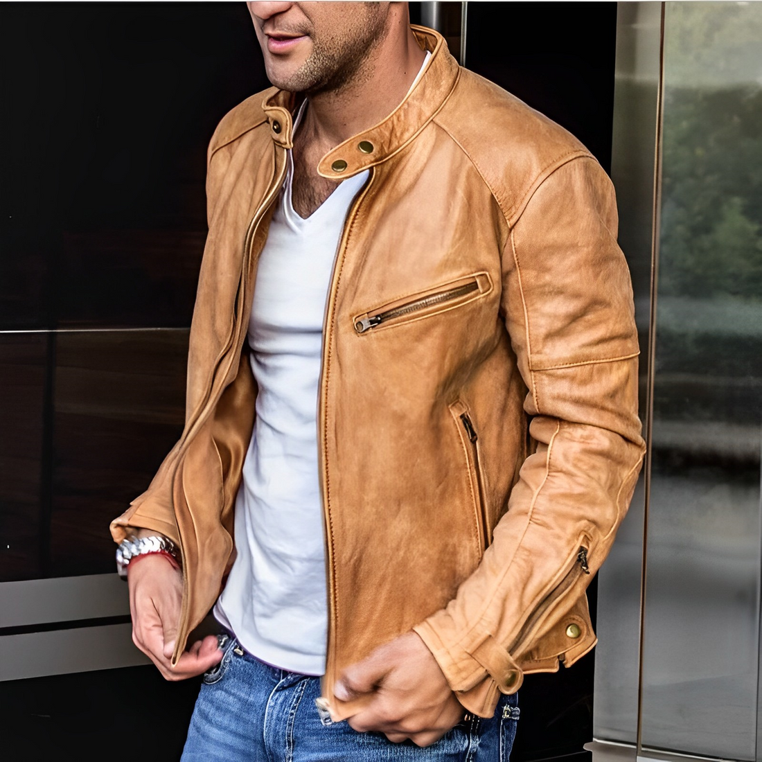 Elegante Herren Lederjacke mit Stehkragen 2