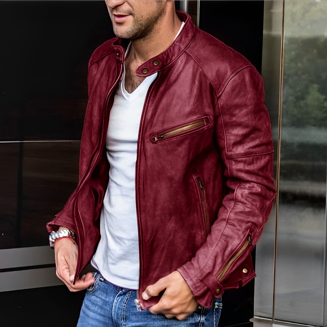 Elegante Herren Lederjacke mit Stehkragen 3