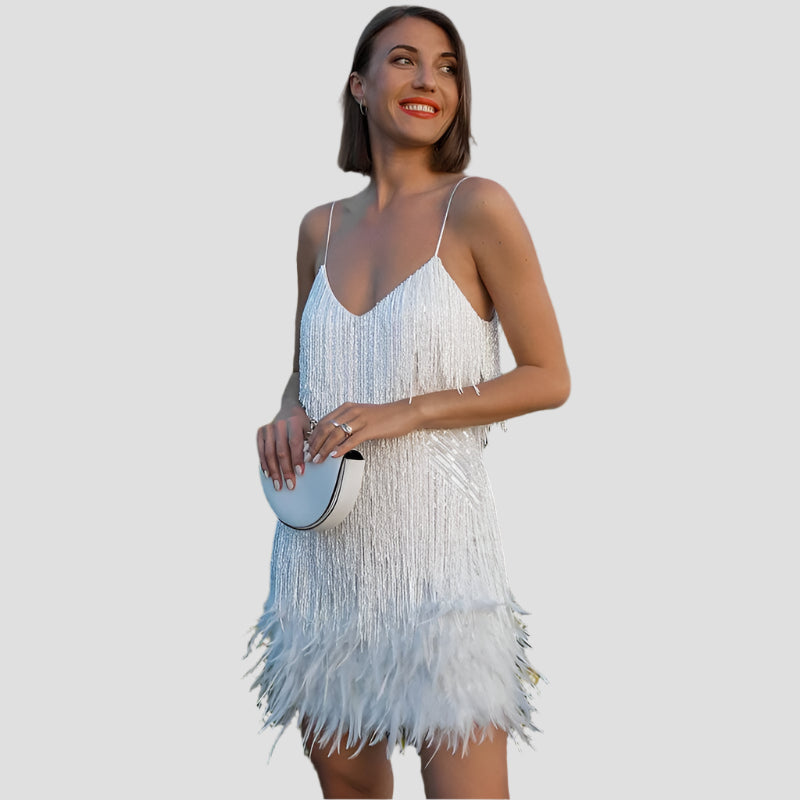 Glamouröses Cocktailkleid mit Pailletten und Federn – Perfekt für Hochzeiten und besondere Anlässe 1