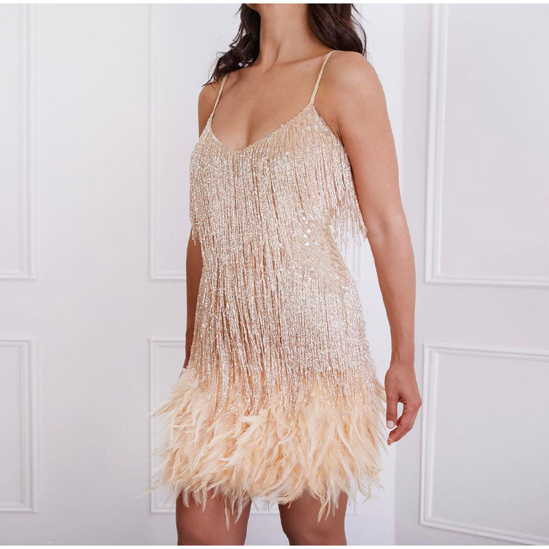 Glamouröses Cocktailkleid mit Pailletten und Federn – Perfekt für Hochzeiten und besondere Anlässe 13