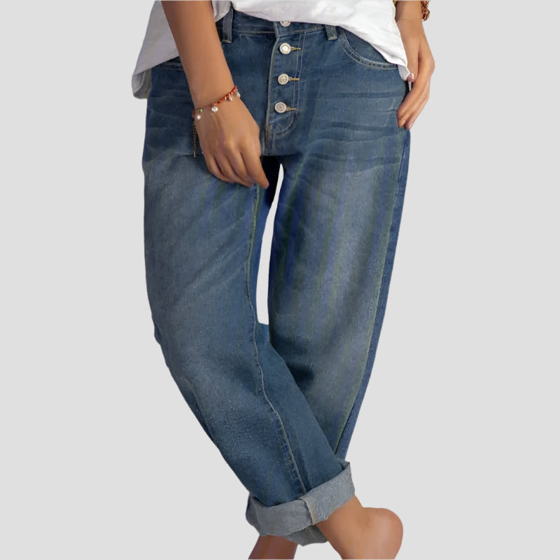 Hohe Weite Jeans Damen aus Hochwertigem Denim – Vintage-Inspiriert, Bequem und Stilvoll, Hoch Taille, Klassischer Knopfverschluss 1