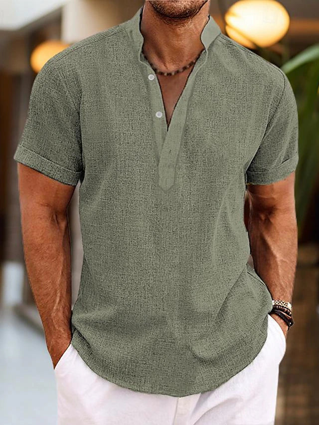 Leinenhemd für Herren mit Henley-Ausschnitt – Atmungsaktives Sommerhemd in Unifarbe 9