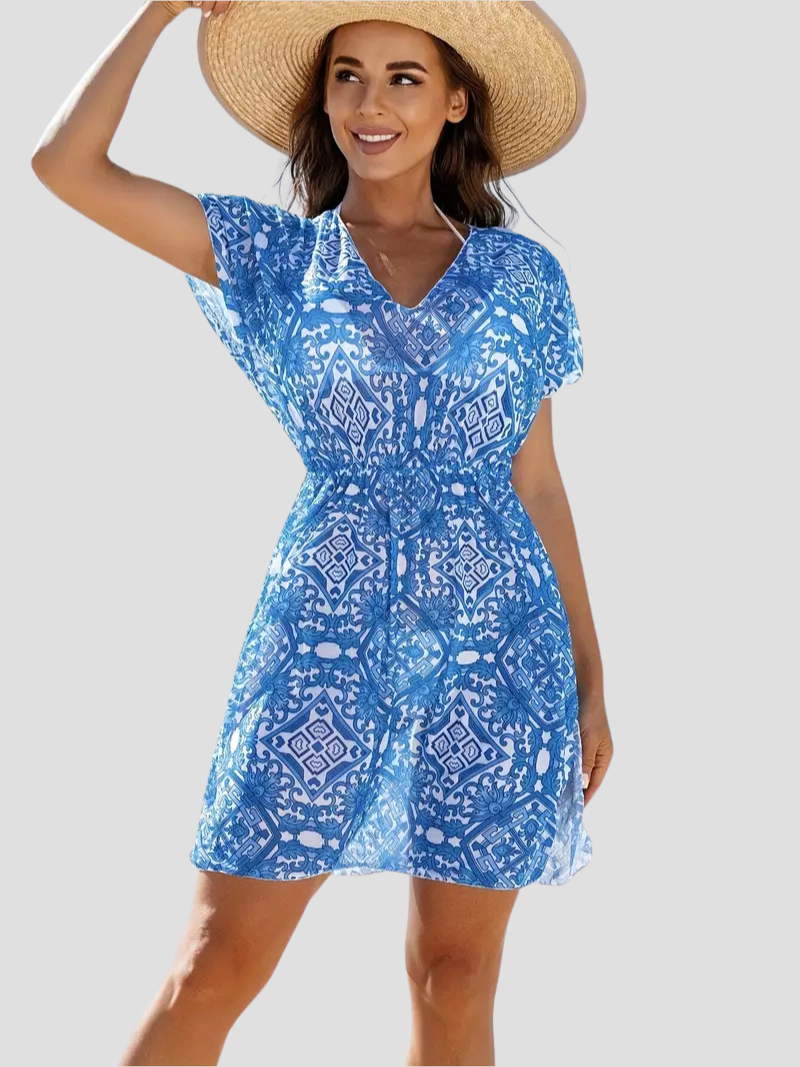 Boho Strandkleid Damen mit V-Ausschnitt und buntem Print – Leichtes Kurzarm Sommerkleid für Strand und Stadt 4