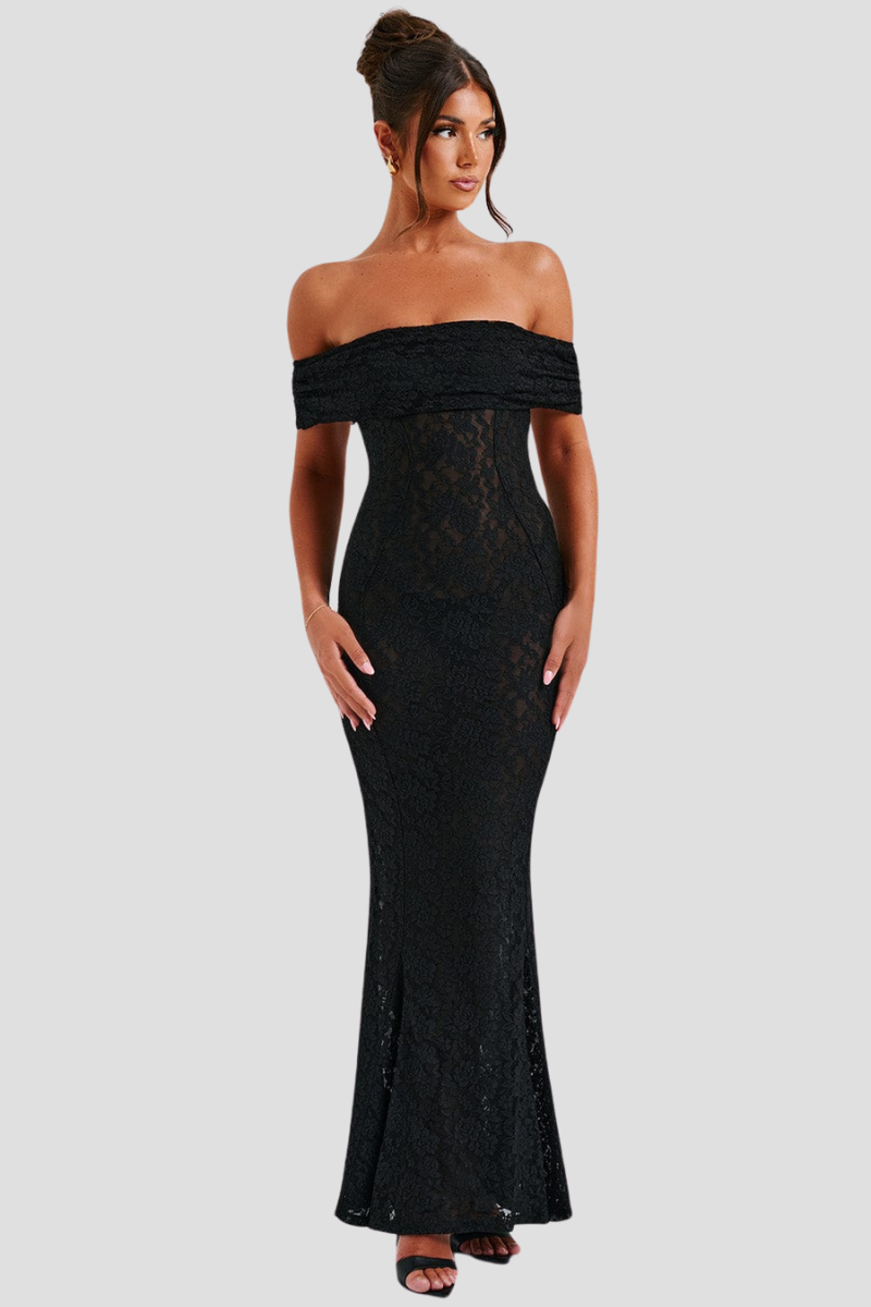 Elegantes Maxikleid aus Spitze mit Offenem Rücken und Bardot-Ausschnitt