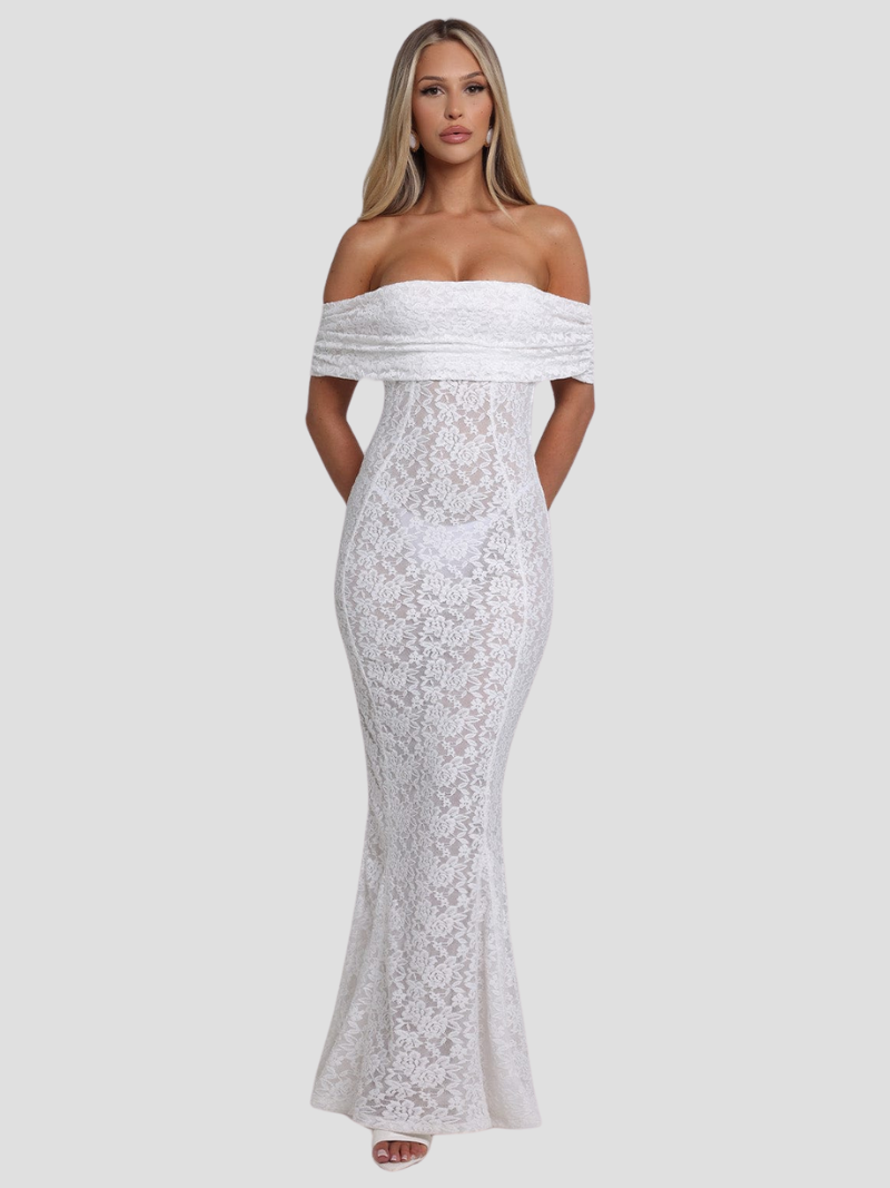Elegantes Maxikleid aus Spitze mit Offenem Rücken und Bardot-Ausschnitt – Figurbetont und Fließend 1