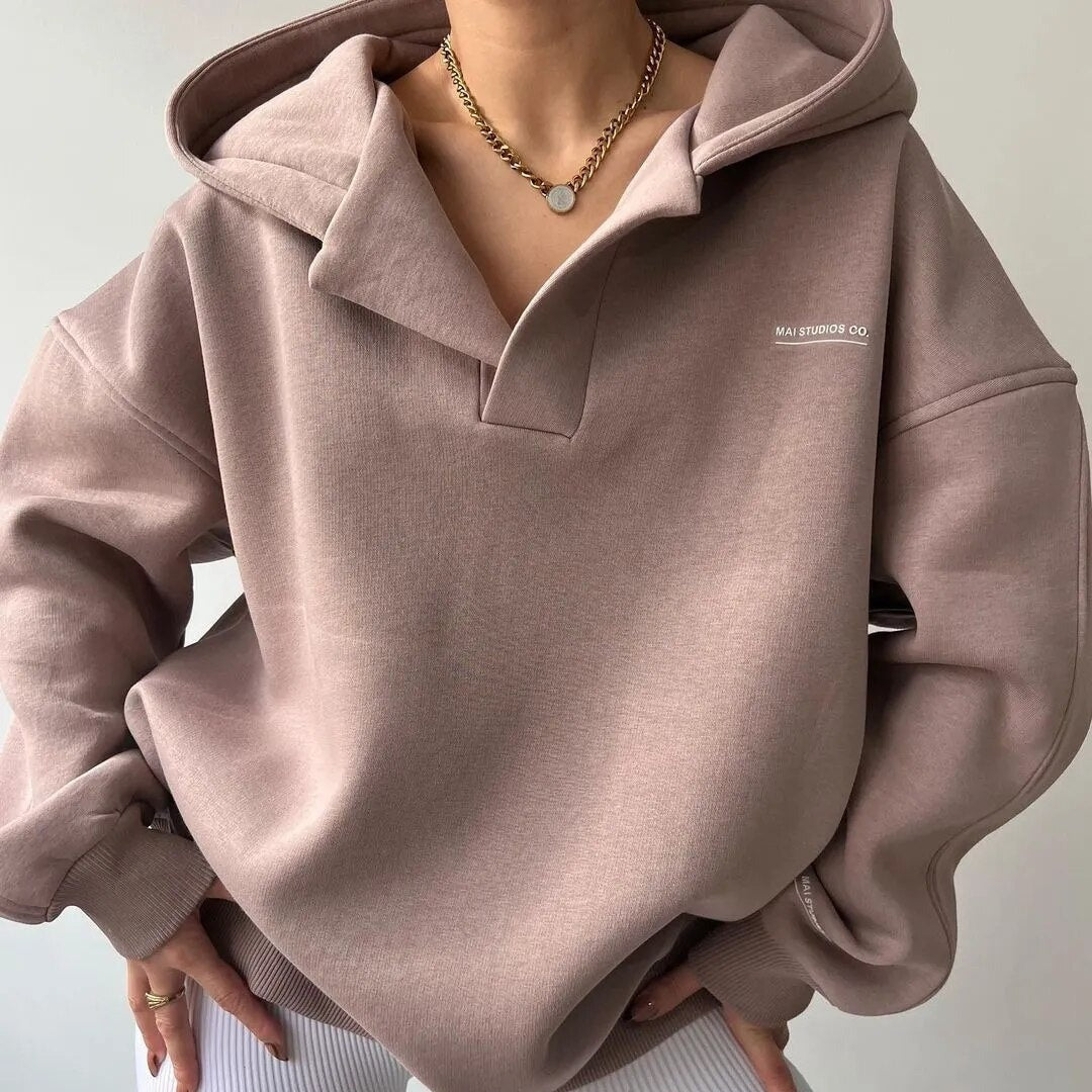 Oversized Kapuzenpullover mit Offenem V-Ausschnitt 0