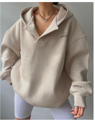 Oversized Kapuzenpullover mit Offenem V-Ausschnitt 2