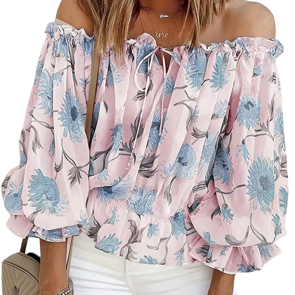 Schulterfreie Bluse mit Blütenmuster für Eleganz 0