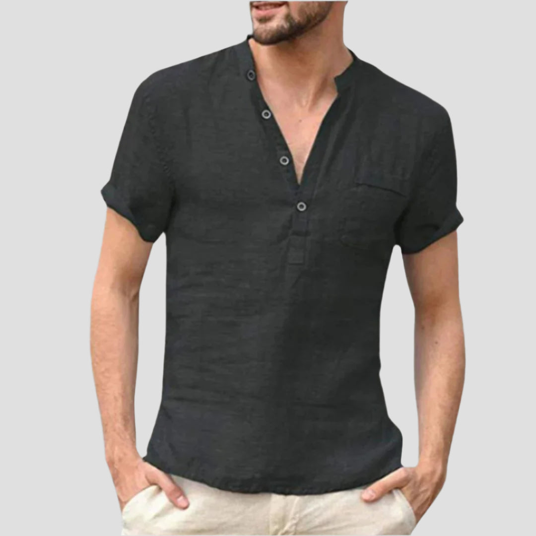 Trendiges Herren Poloshirt aus Leinen mit V-Ausschnitt und Mao-Kragen 1