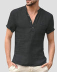 Trendiges Herren Poloshirt aus Leinen mit V-Ausschnitt und Mao-Kragen 1