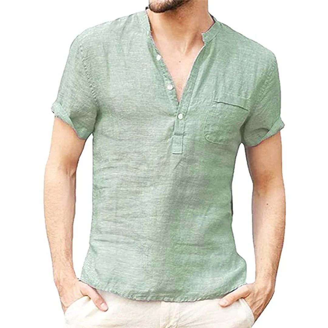 Trendiges Herren Poloshirt aus Leinen mit V-Ausschnitt und Mao-Kragen 3