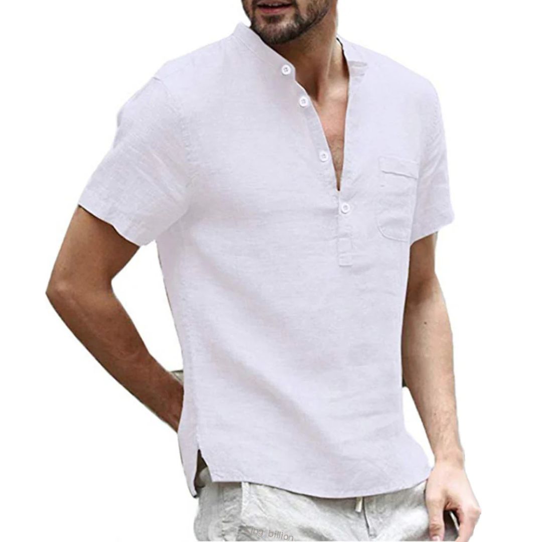 Trendiges Herren Poloshirt aus Leinen mit V-Ausschnitt und Mao-Kragen 5