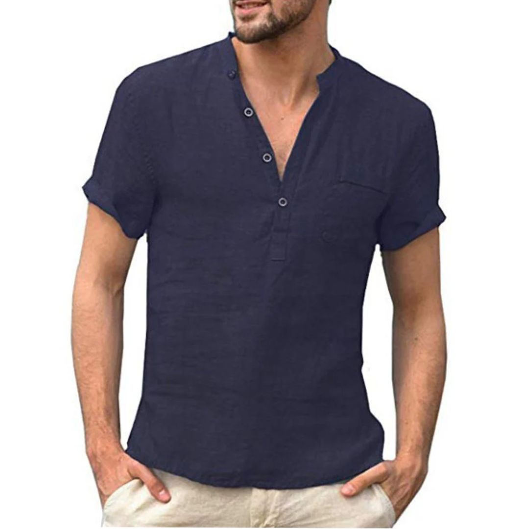 Trendiges Herren Poloshirt aus Leinen mit V-Ausschnitt und Mao-Kragen 6