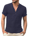 Trendiges Herren Poloshirt aus Leinen mit V-Ausschnitt und Mao-Kragen 6