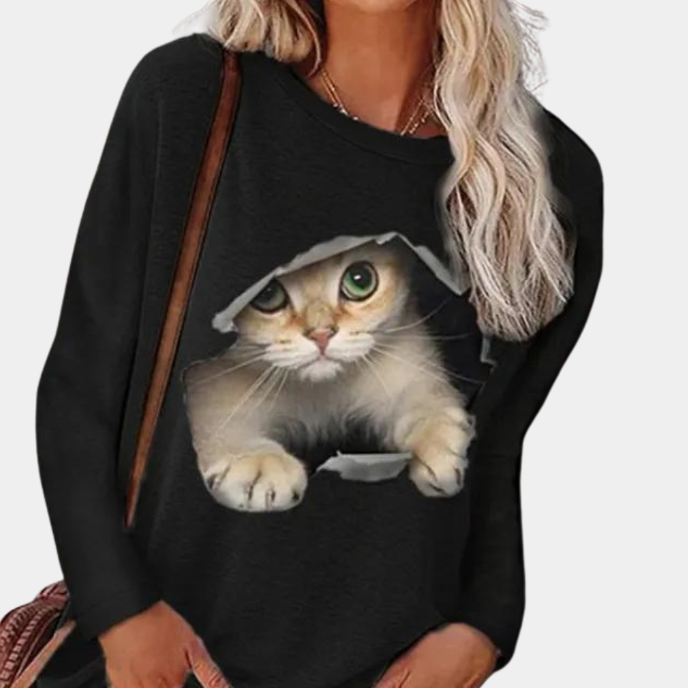 Verspielte Damenbluse mit Katzenmuster für Eleganz 0