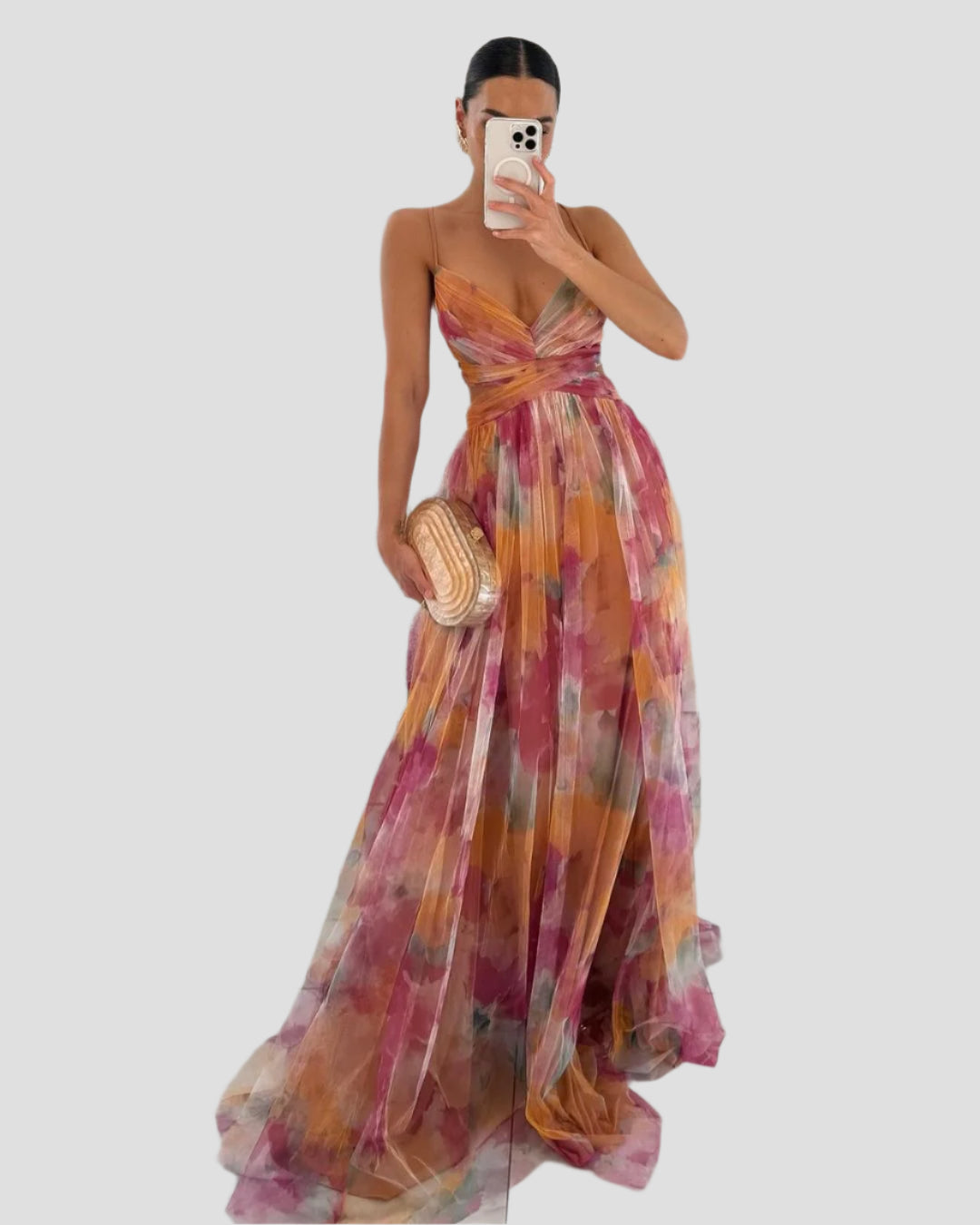Wasserfarben Maxikleid mit Eleganter Kreuzträger-Optik 0
